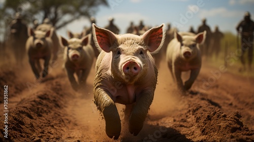 A group of feral hogs running through a muddy field, photo