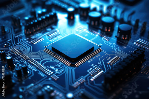 Close-up of a blue circuit board with a central microchip processor