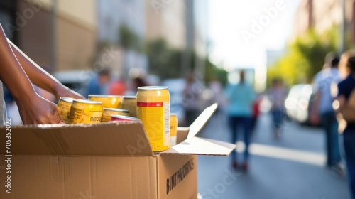 Closeup of a box of canned food, marked with Humanitarian Relief in bold lettering, being loaded onto a truck.