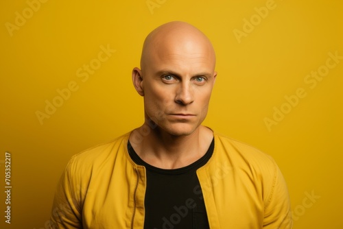 Portrait of a bald man in a yellow jacket on a yellow background