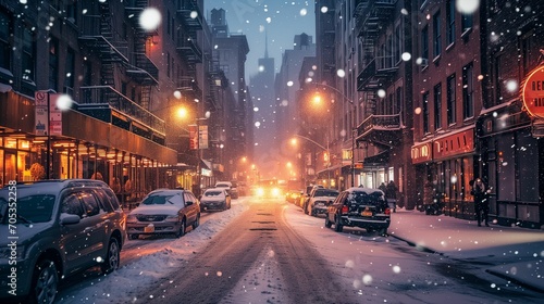 Snowy city traffic at night