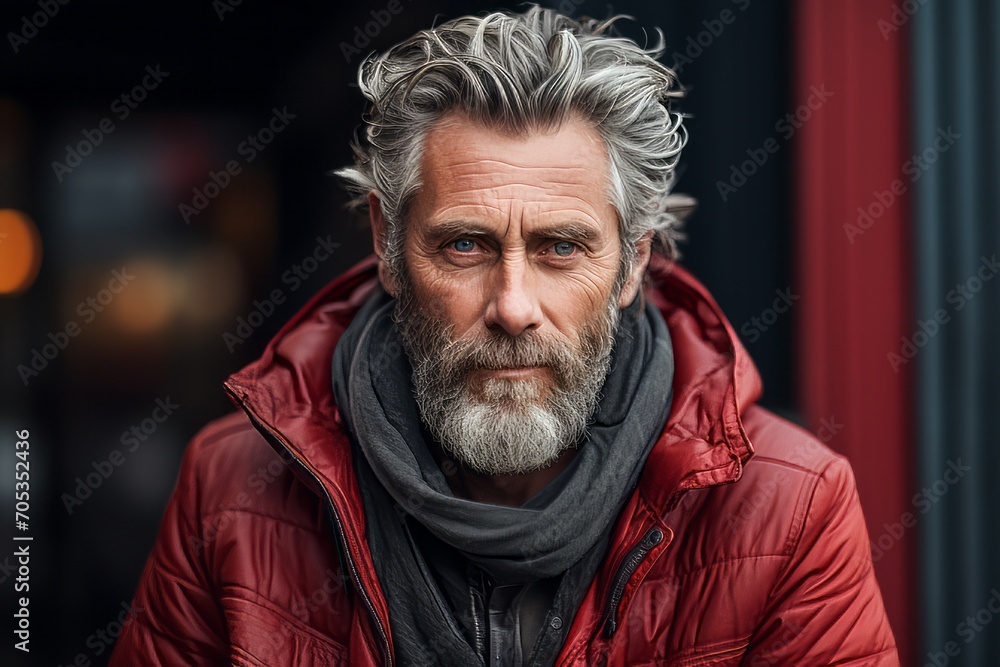 Portrait of an old man in a red jacket and gray scarf. Portrait of an old man in a red jacket and gray scarf.