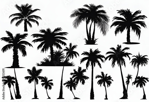 Set of palm trees black color and isolated white background