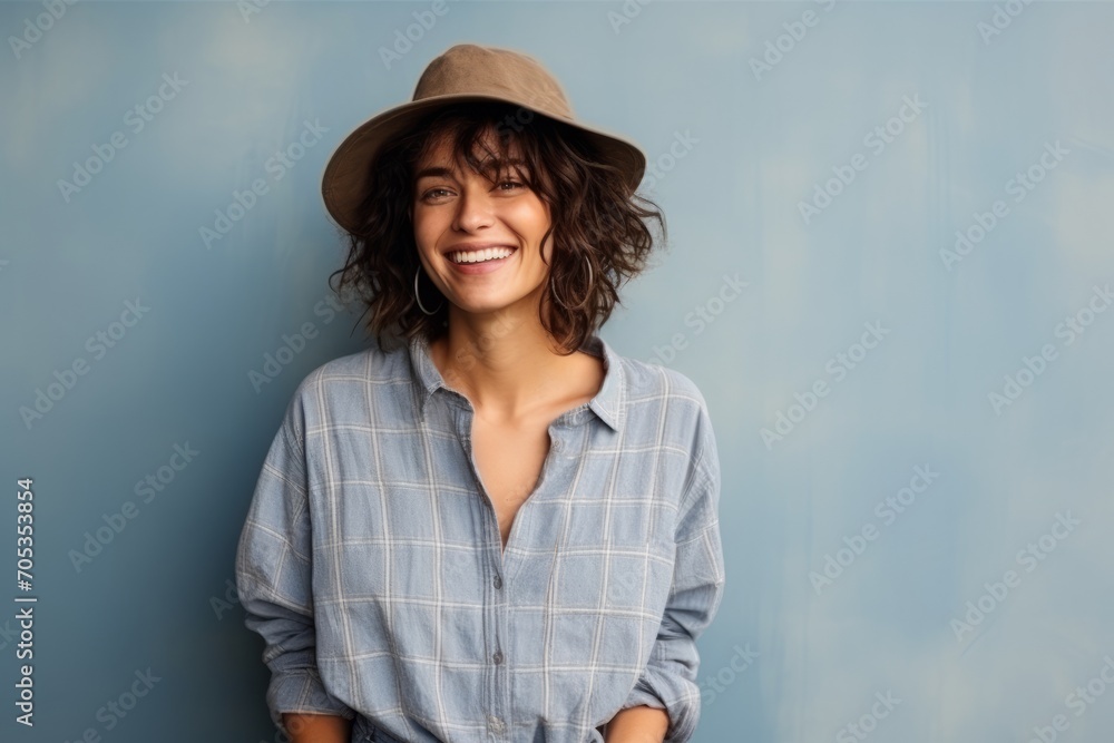 Portrait of a smiling young woman with hat over blue background. Portrait of a smiling young woman with hat over blue background.