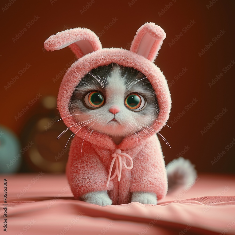 Fototapeta premium A black and white cat dressed up in a pink bunny costume. 