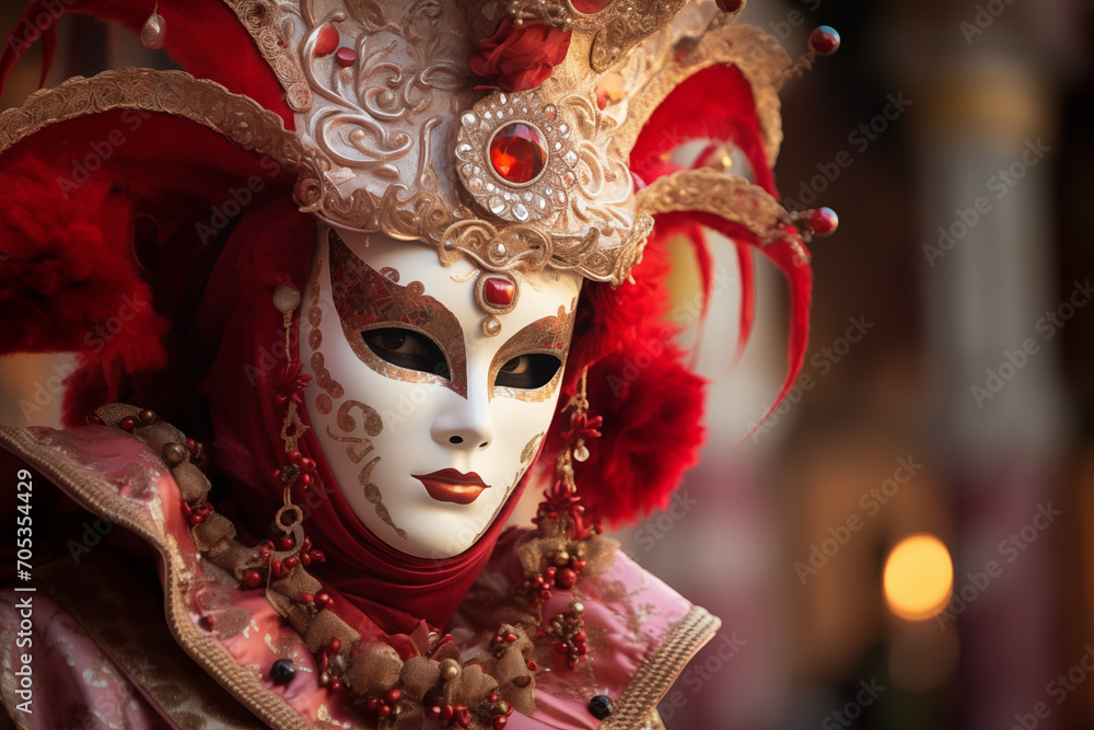 Elegant Person in Vibrant Carnival Costume and Mask at Venice Festival