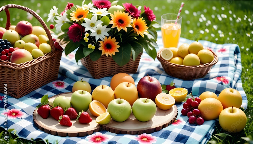 A picnic blanket adorned with fresh fruits and flowers sets the stage for a delightful spring day