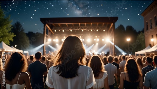 A lively outdoor concert with a diverse crowd dancing under a starry summer night