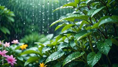 A gentle rain shower rejuvenates colorful gardens, symbolizing the refreshing spirit of spring