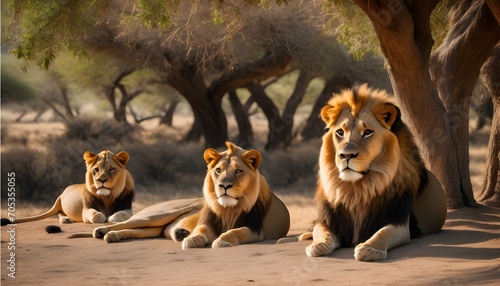 Lions lazing in the shade of acacia trees, conserving energy during the heat of summer photo