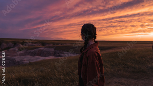 Woman looking out at Badlands sunset photo