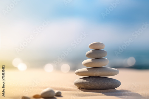 Zen stones stack on sand waves in a minimalist setting for balance and harmony