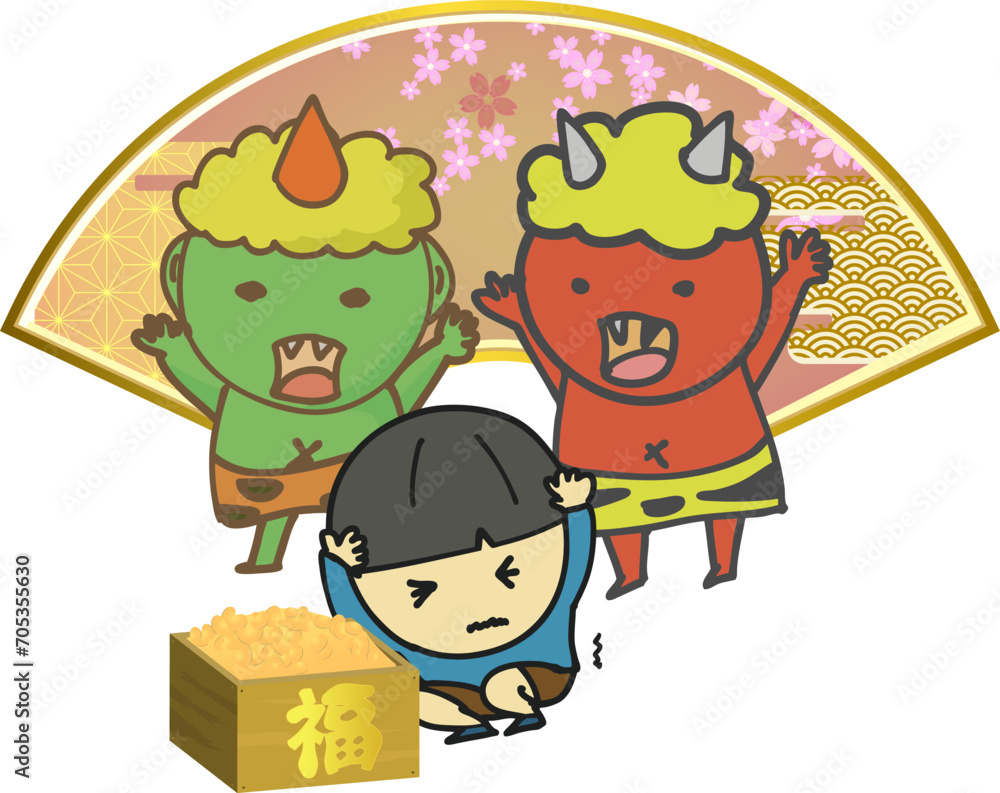 Naklejka premium 豆まきとかわいい鬼のイラスト