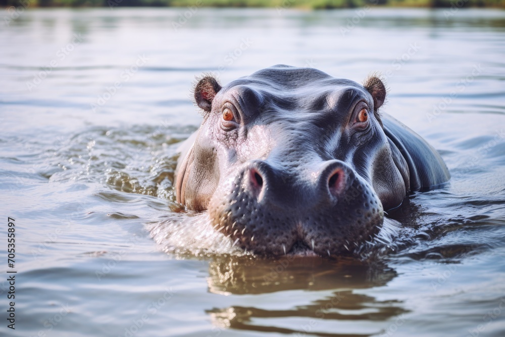 Hippopotamus swimming in river with animal dung on its head Hippopotamus swimming in river with animal dung on its head