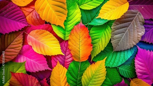 Colorful leaves spread out in large groups on black background, neon and fluorescent style 