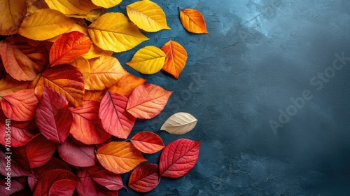 Colorful leaves spread out in large groups on black background, neon and fluorescent style, copy space background