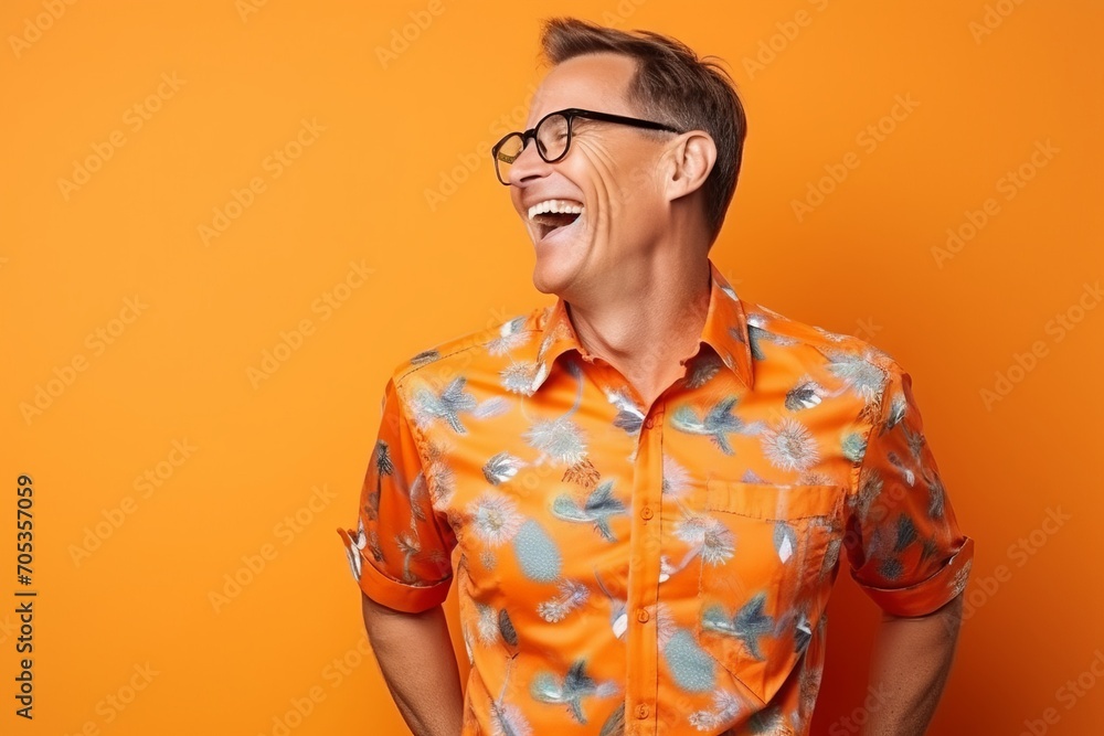 Portrait of a handsome young man laughing at camera over orange background Portrait of a handsome young man laughing at camera over orange background