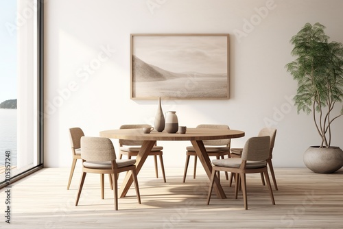 Beige chairs at rustic round wood dining table. Generative AI Illustration.