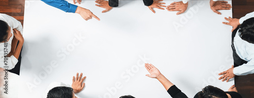 Panorama banner top view of office worker and businesspeople on meeting table pointing to empty space with editable blank background for customer design. Business working and meeting copyspace.Prudent photo