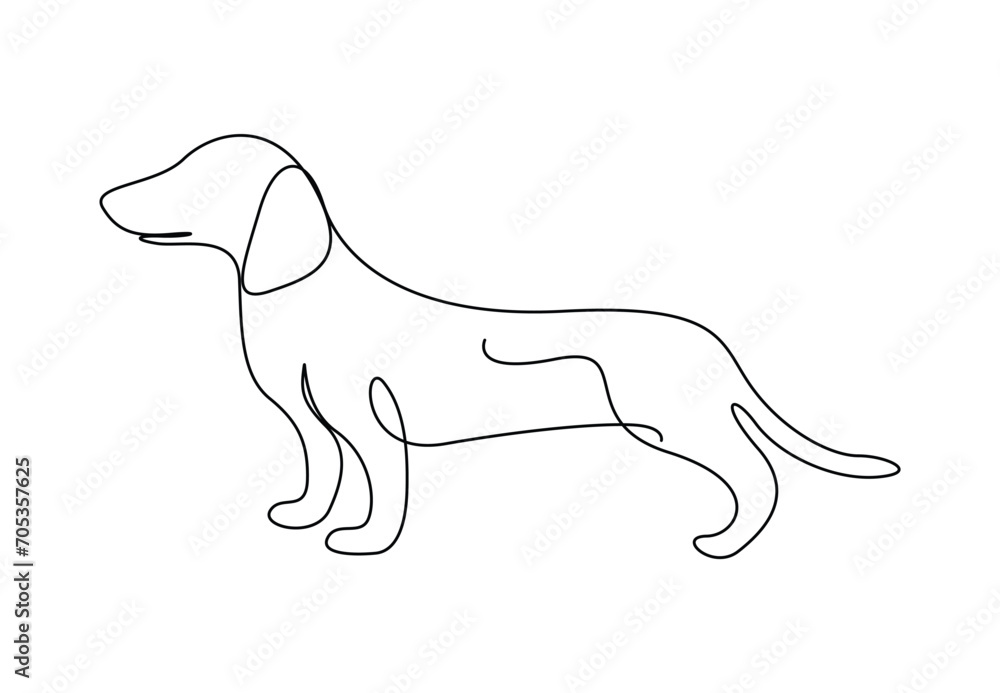 Continuous one line drawing of cute dachshund dog for logo identity. Isolated on white background vector illustration. Pro vector.