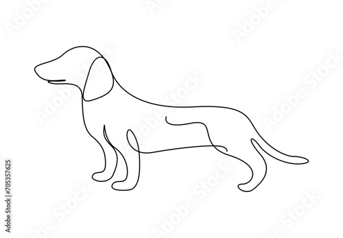 Continuous one line drawing of cute dachshund dog for logo identity. Isolated on white background vector illustration. Pro vector.