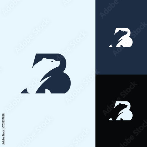 Minimalist modern strong logo Letter Mark Initial B with bear ,polar bear ,grizzly negative space logo design