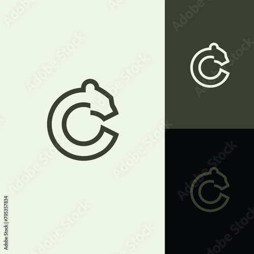 Minimalist modern strong logo Letter Mark Initial C with bear ,polar bear ,grizzly negative space logo design