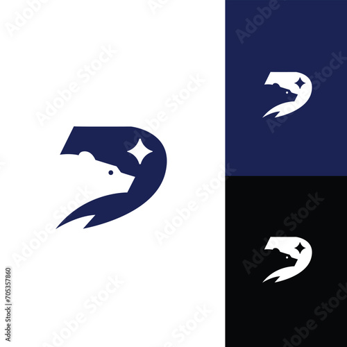 Minimalist modern strong logo Letter Mark Initial D with bear ,polar bear ,grizzly negative space logo design
