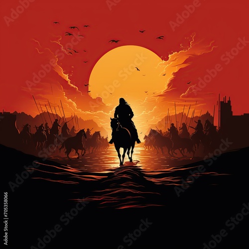 Silhouette of a man riding a horse against a stunning sunset landscape. Majestic and serene scene. AI generated