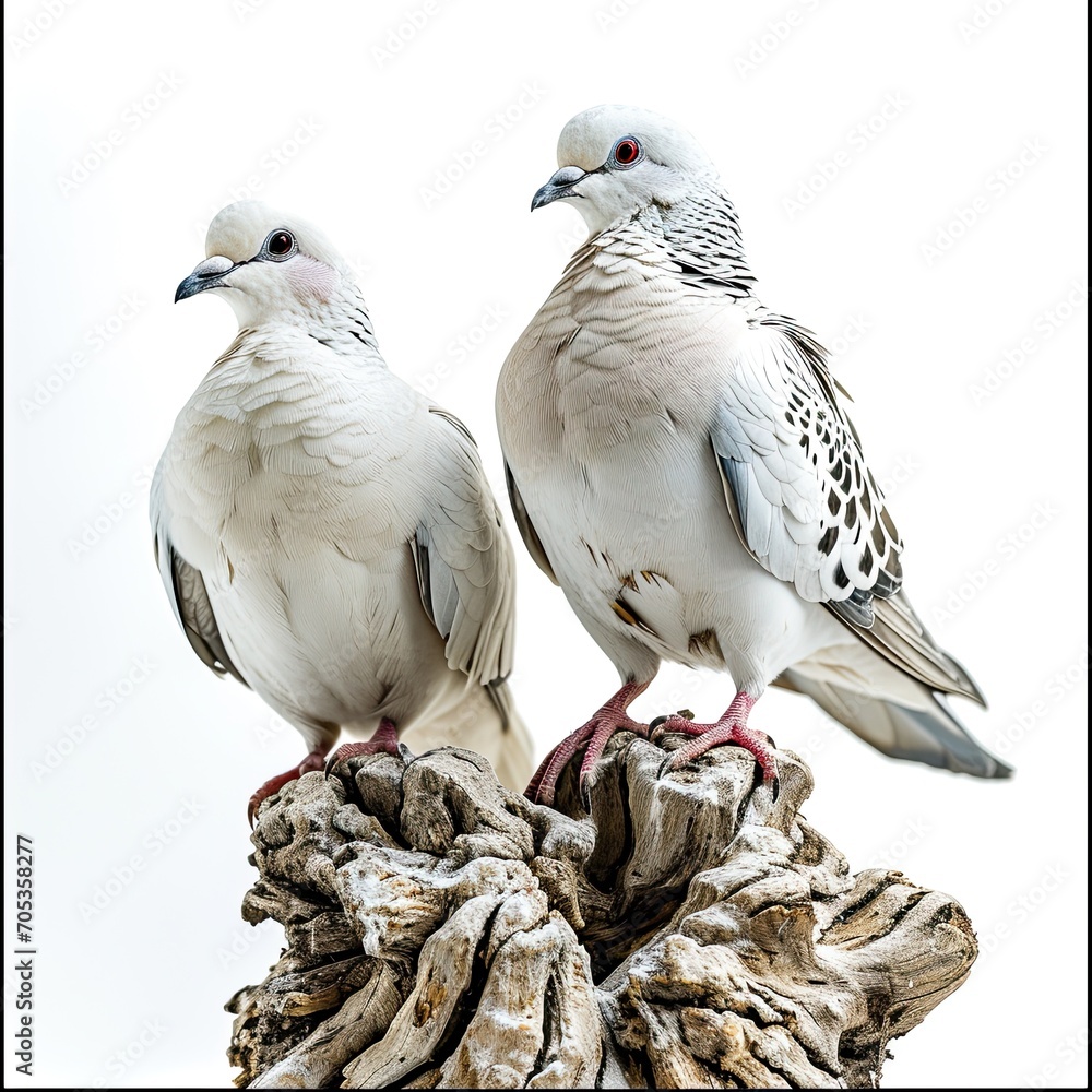 a couple dove standing on small root, white copy space on right,