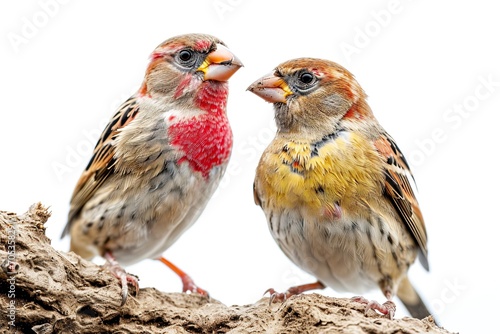 a couple Finch standing menacing on small root, white copy space on right,