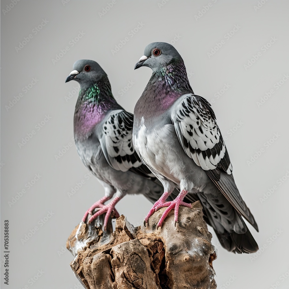 Fototapeta premium a couple Pigeons standing on small root, white copy space on right, 