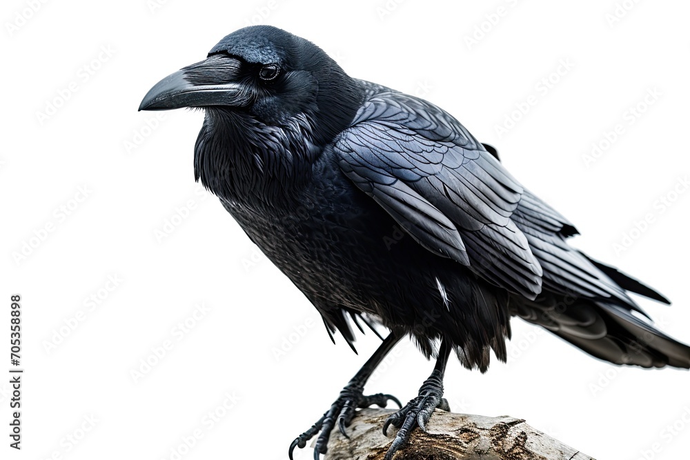 Fototapeta premium a crow standing on small root, white copy space on right,