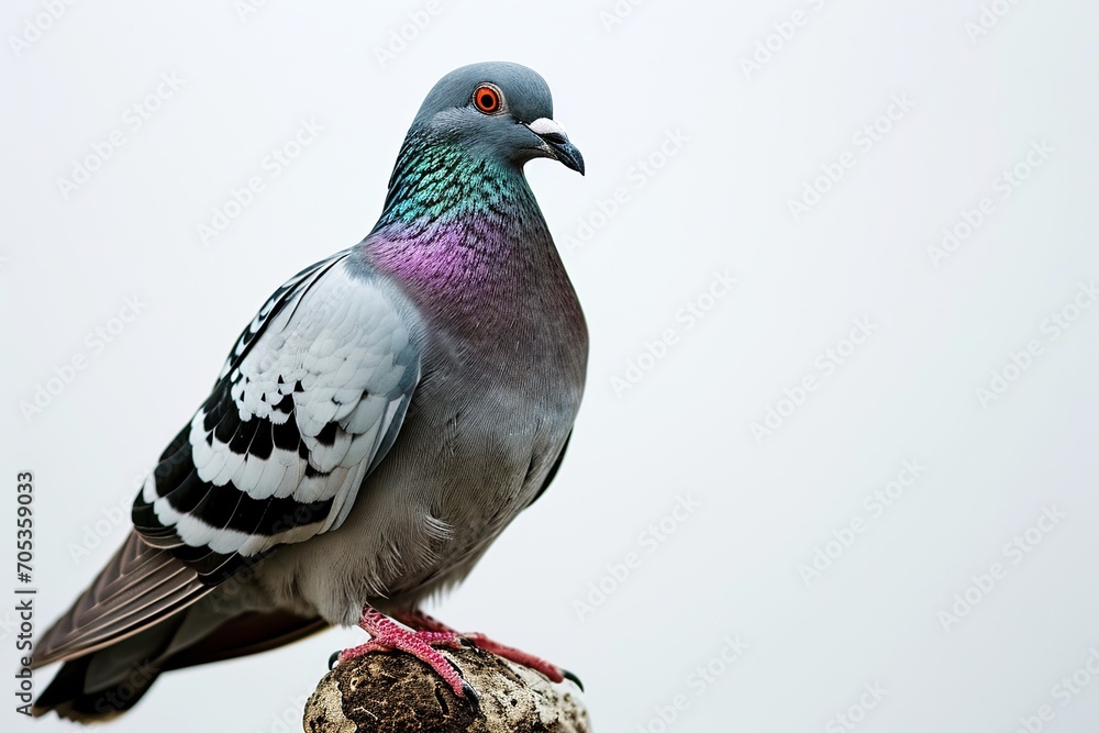 Fototapeta premium a Pigeon standing on small root, white copy space on right, 