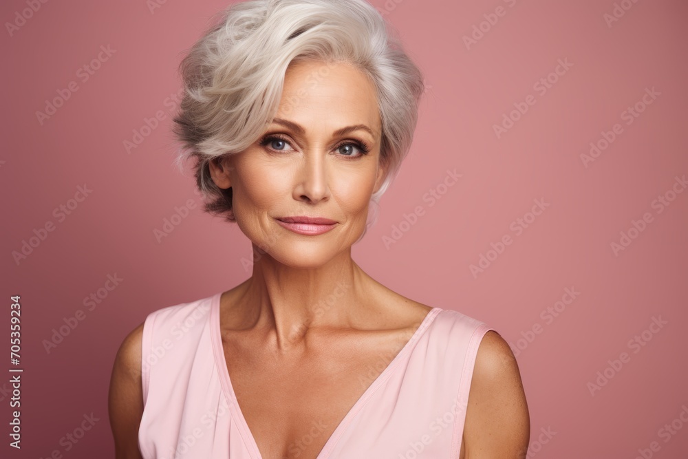 Beauty portrait of elegant middle aged woman with short blond hair. Beauty portrait of elegant middle aged woman with short blond hair.