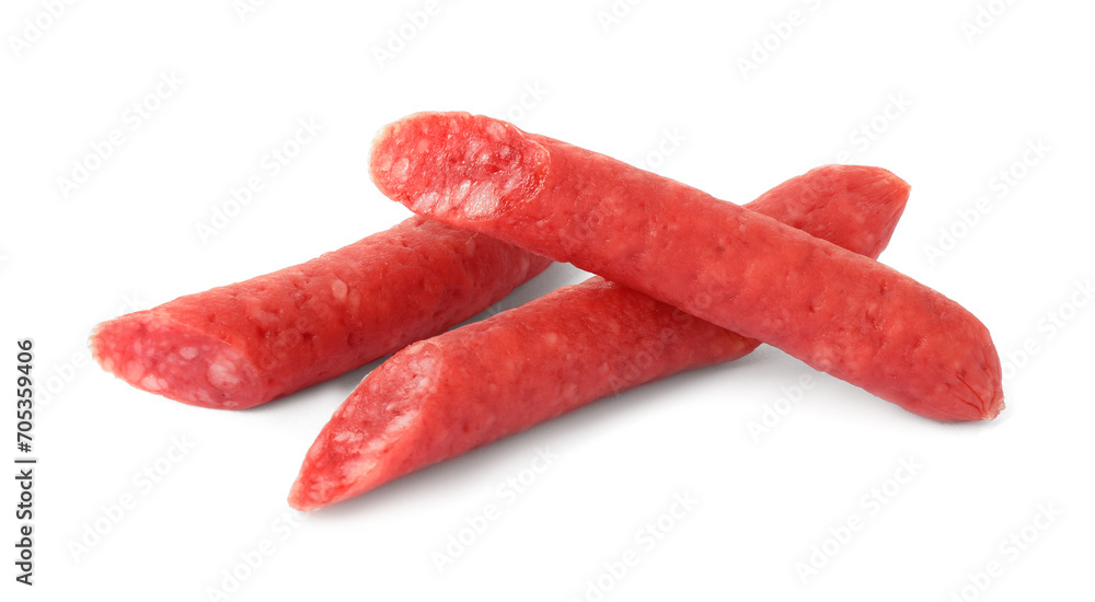 Thin dry smoked sausages isolated on white Thin dry smoked sausages isolated on white