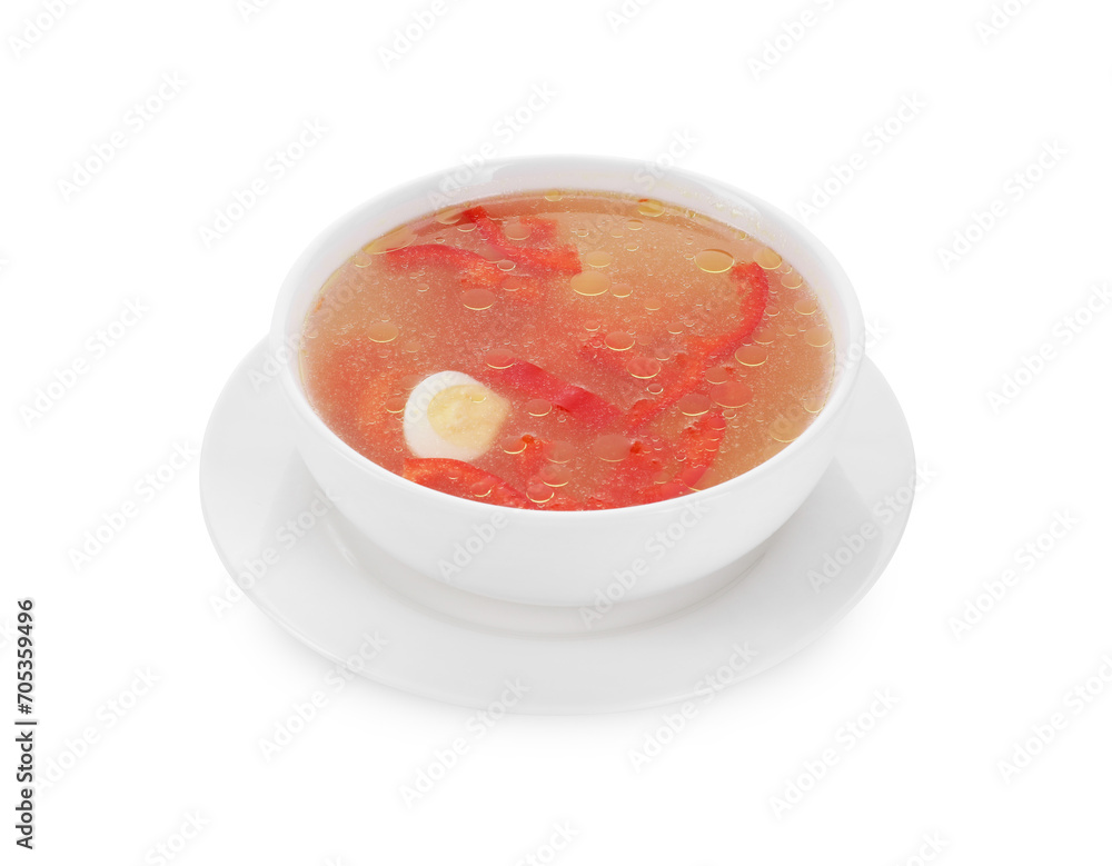 Tasty soup with egg and bell pepper in bowl isolated on white Tasty soup with egg and bell pepper in bowl isolated on white
