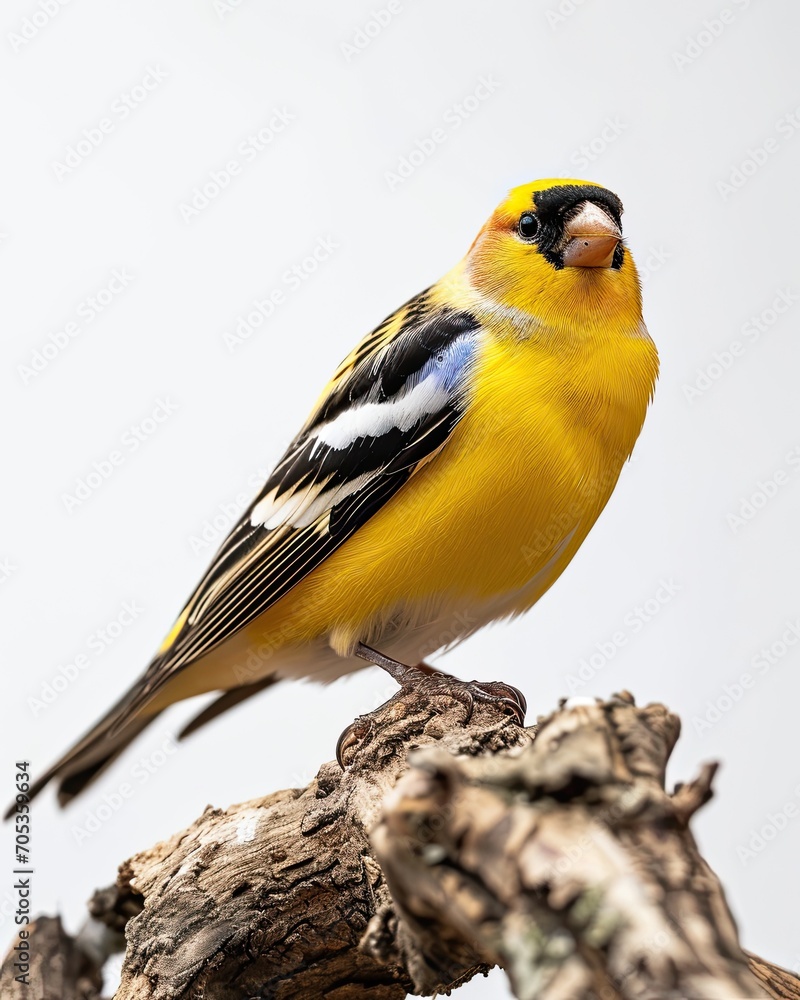 Obraz premium American Goldfinch standing on small root, portrait view, white copy space on right, 