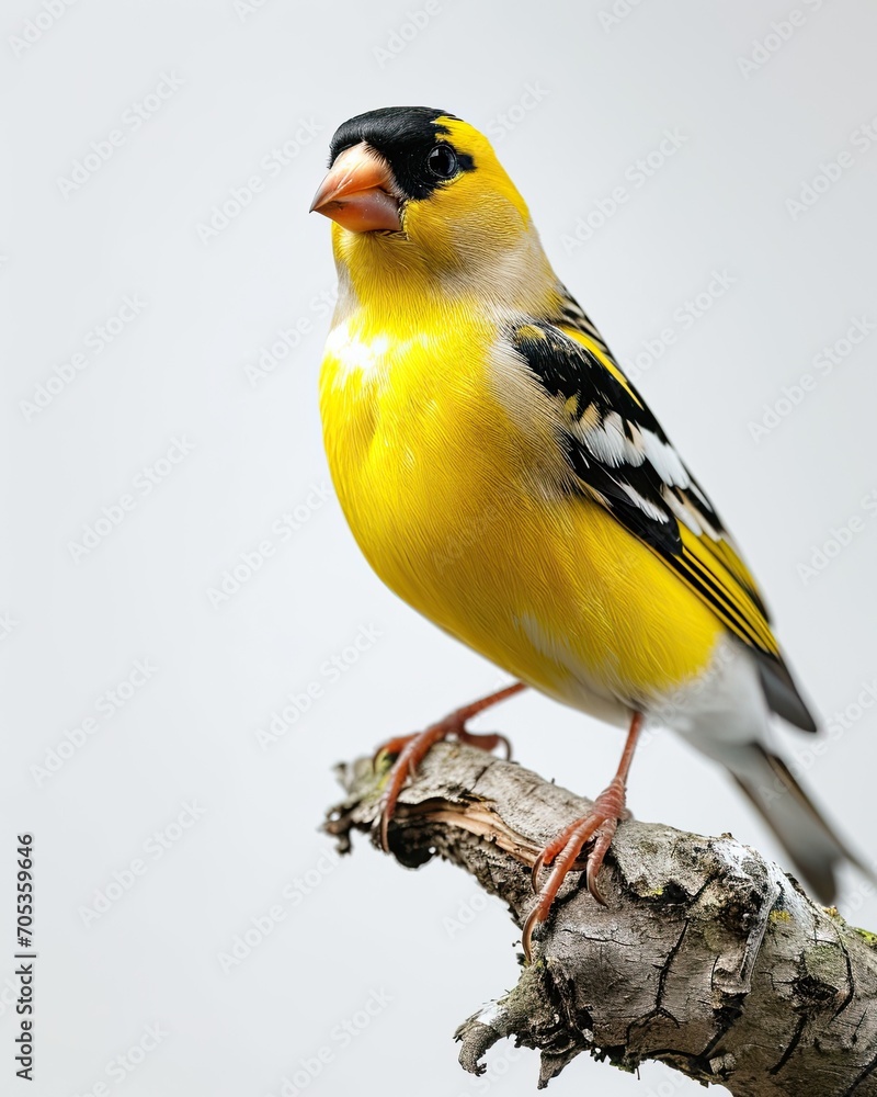 Obraz premium American Goldfinch standing on small root, portrait view, white copy space on right,
