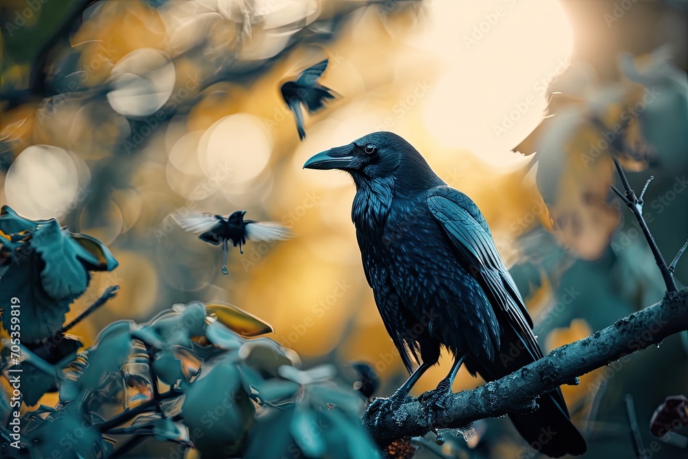 Fototapeta premium Around the crow, some small birds and insects freely fly among the twilight rays, 
