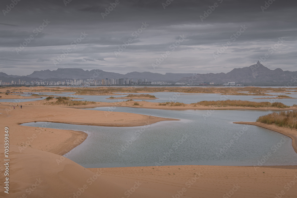 Gobi desert and the river near Wuhai, Inner Mongolia, China