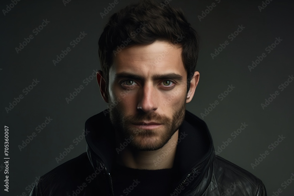 Portrait of a handsome young man in a black leather jacket.