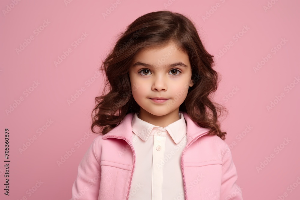 Portrait of a beautiful little girl in a pink jacket. Studio shot. Portrait of a beautiful little girl in a pink jacket. Studio shot.