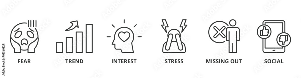 Fomo banner web icon vector illustration concept with icon of fear, trend, interest, stress, missing out, social Fomo banner web icon vector illustration concept with icon of fear, trend, interest, stress, missing out, social