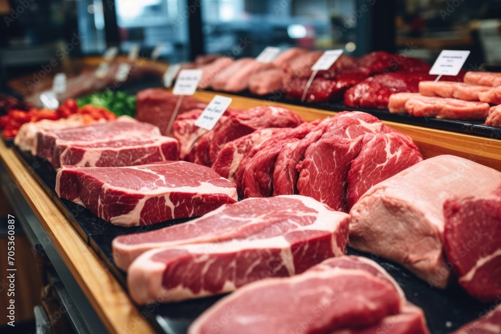 Fresh quality meat showcased at a butcher's shop Fresh quality meat showcased at a butcher's shop