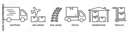 Logistics banner web icon vector illustration concept with icon of shipping, air cargo, rail road, truck, warehouse, trolley