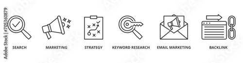 Seo marketing banner web icon vector illustration concept with icon of search, marketing, strategy, keyword research, email marketing, backlink