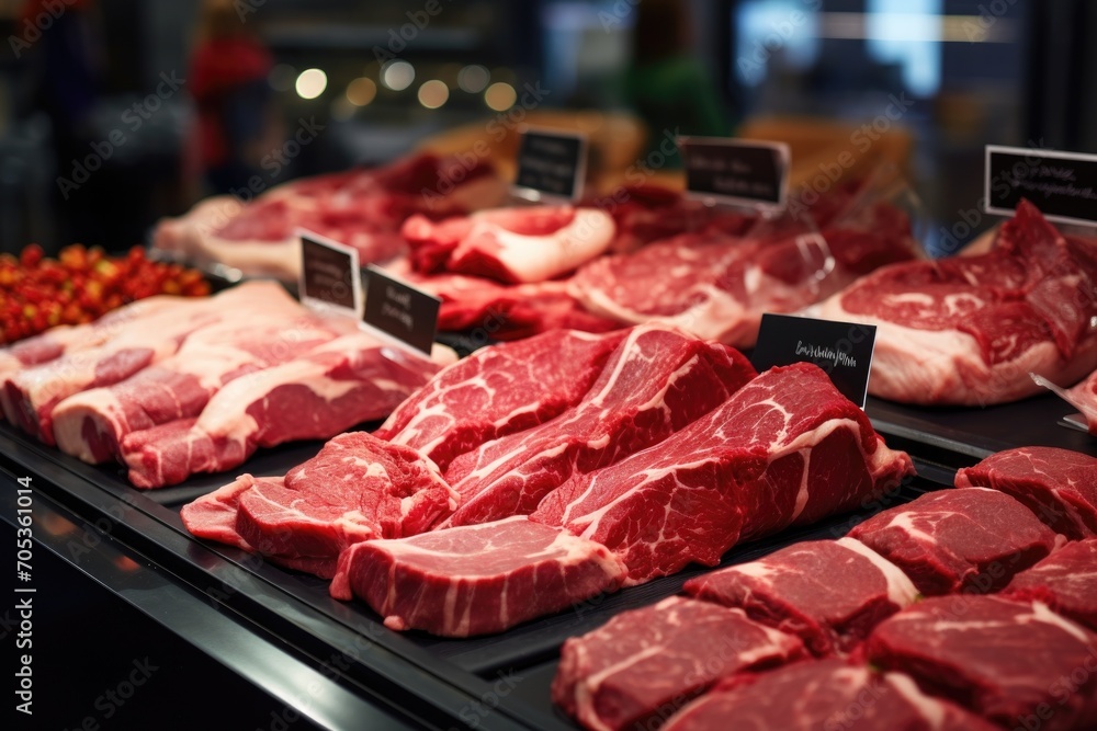 Fresh quality meat showcased at a butcher's shop Fresh quality meat showcased at a butcher's shop
