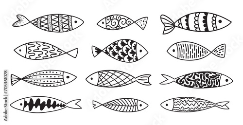 Pattern of fish in the style of doodle.