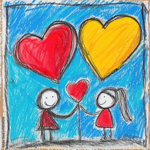 A cchild's crayon drawing that captures the simplicity and joy of love with stick figures and vibrant heart balloons, evoking the pure emotions of Valentine's Day.
 photo